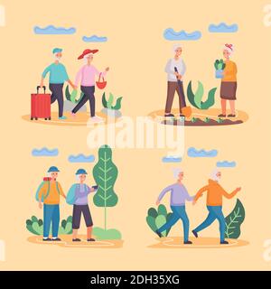 Gruppe von vier aktiven Senioren Paare üben Aktivitäten Zeichen Vektor Illustrationsdesign Stock Vektor