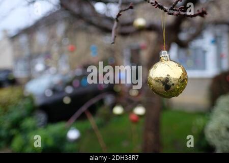 Nahaufnahme Weitaufnahme eines kleinen weihnachtsornaments, das an einem Baum auf der Straße vor einem Familienhaus hing. Einwohner von Cambridge Stadt machen ihre neig Stockfoto