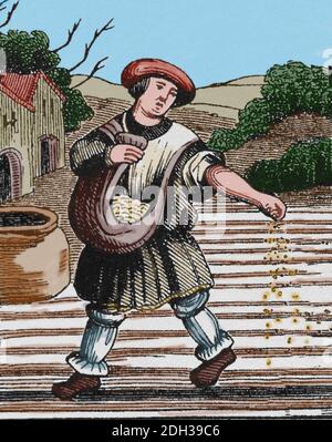 Europa. Feudalismus. Leibeigene oder Bauern. Gravur. Spätere Färbung. Stockfoto