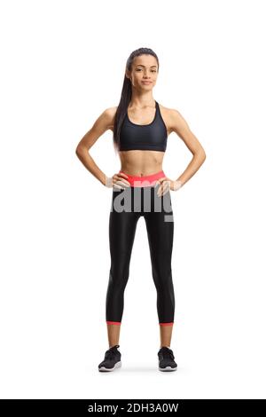 In voller Länge Porträt von schlanken jungen Frau in Sportswear isoliert Auf weißem Hintergrund Stockfoto