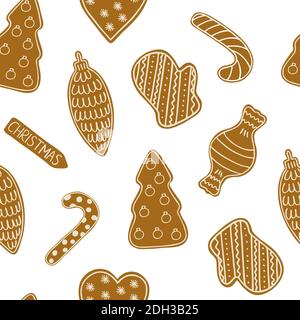 Weihnachten Lebkuchen traditionelle Feiertagsfeier wiederholen Muster Hand gezeichnet Im Doodle-Stil mit Zucker vereißenden Winter süßen Speisen dekoriert Stock Vektor