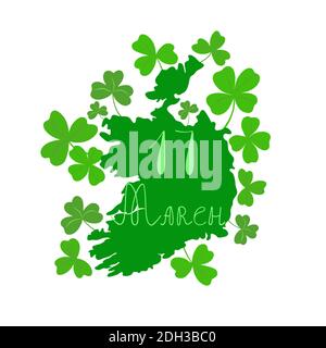 Karte von Irland in Silhouette mit Kleeblättern, Arrangement für den irischen Frühling Nationalfeiertag St. Patrick's Day Stock Vektor