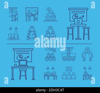 Bundle of Workers Avatare Coworking Line Style Icons in blau Hintergrund Vektor Illustration Design Stock Vektor