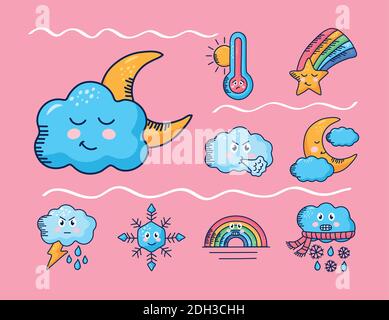 Bündel von neun kawaii Wetter Comic-Figuren in rosa Hintergrund vektorgrafik Design Stock Vektor
