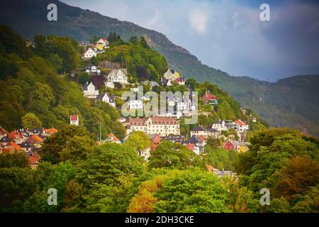 Bergen, Norwegen Luftbild mit bunten Häusern Stockfoto