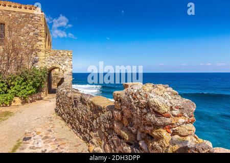 Monemvasia alte Häuser Ansicht in Peloponnes, Griechenland Stockfoto