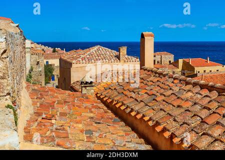 Monemvasia alte Häuser Ansicht in Peloponnes, Griechenland Stockfoto