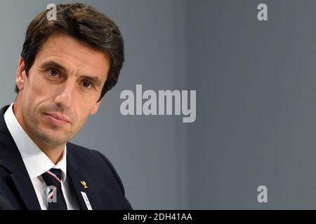 Handout Foto - Co-Präsident von Paris 2024 Kandidatur Tony Estanguet während der Pressekonferenz der 130. IOC Session im SwissTech Auditorium, Lausanne, Schweiz, am 11. Juli 2017. Foto von Philippe Millereau/Paris2024/ABACAPRESS.COM Stockfoto