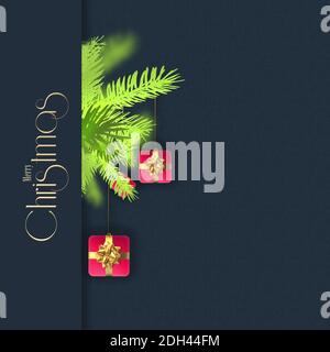 Kreative schöne abstrakte Weihnachten Urlaub Hintergrund mit Weihnachten Tannenzweigen, hängen rosa 3D Weihnachten Geschenk-Boxen über Balck. Text mit weihnachtlicher Weisheit Stockfoto