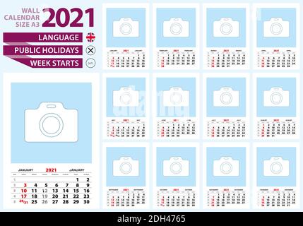 Wandkalender 2021 Größe A3. Englische Sprache, Woche ab Sonntag. Stock Vektor