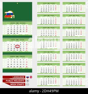 Lime Green Wall Quartalskalender 2021, russische und englische Sprache. Woche ab Montag. Stock Vektor