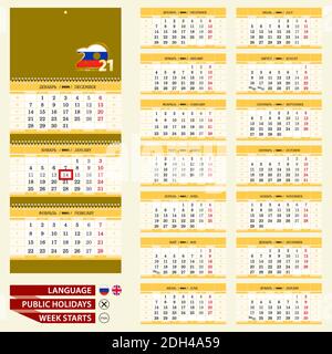 Gelbe Wand Quartalskalender 2021, russische und englische Sprache. Woche ab Montag. Stock Vektor
