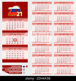 Hellrote Wand Quartalskalender 2021, russische und englische Sprache. Woche ab Montag. Stock Vektor