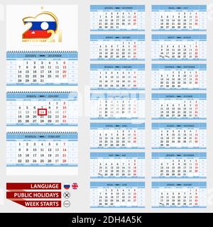 Hellblaue Wand Quartalskalender 2021, russische und englische Sprache. Woche ab Montag. Stock Vektor
