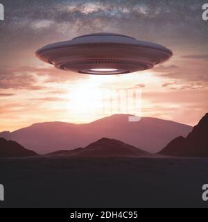 Unbekanntes Flugobjekt - UFO. Science Fiction Bild Konzept der Ufologie und das Leben des Planeten Erde. Beschneidungspfad enthalten. Stockfoto
