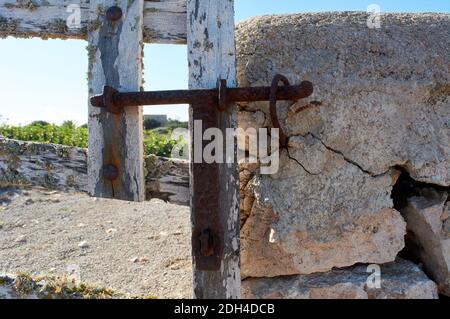 Detail von Eisen-Riegel auf typische Holztür, mit Flechten, auf Steinmauer neben dem Weg, mit schönen blauen Himmel über mediterranen Wald, mallorca Stockfoto