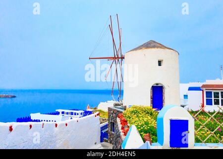 Oia Windmühle auf Santorini Insel in Griechenland Stockfoto