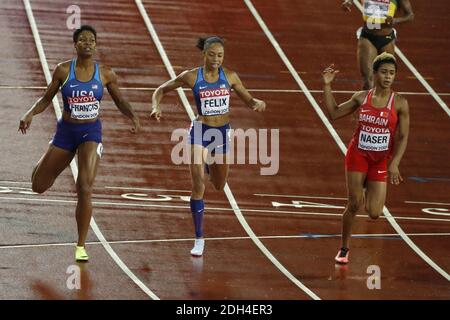 Podium der 400 Meter Frauen: Von links nach rechts Linie 6 USA Phyllis Francis Sieger, Linie 5 und Bronzemedaille USA Allyson Felix, Linie 4 und Silbermedaille Bahrein's Salwa did Naser, während der IAAF Leichtathletik-Weltmeisterschaften 2017 im Olympiastadion, Queen Elisabeth Park, London, UK, am 9. August 2017 Foto von Henri Szwarc/ABACAPRESS.COM Stockfoto