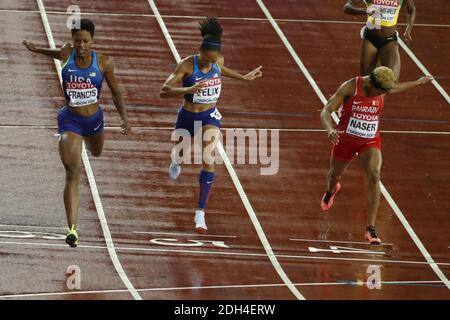 Podium der 400 Meter Frauen: Von links nach rechts Linie 6 USA Phyllis Francis Sieger, Linie 5 und Bronzemedaille USA Allyson Felix, Linie 4 und Silbermedaille Bahrein's Salwa did Naser, während der IAAF Leichtathletik-Weltmeisterschaften 2017 im Olympiastadion, Queen Elisabeth Park, London, UK, am 9. August 2017 Foto von Henri Szwarc/ABACAPRESS.COM Stockfoto