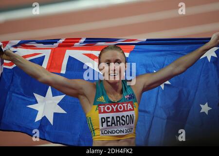 Sally Pearson aus Australien in der Mitte mit den 100 Hürden am 9. Tag der IAAF-Weltmeisterschaft 2017 im Londoner Stadion in London, Großbritannien, am Samstag, 12. August 2017. Foto von Giuliano Bevilacqua/ABACAPRESS.COM Stockfoto