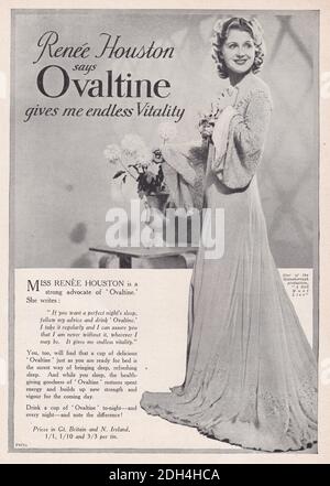 Vintage 1939 Anzeige von Renee Houston Werbung Ovaltine. Stockfoto