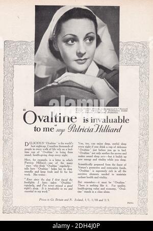 Vintage 1939 Werbung von Patricia Hilliard für Ovaltine. Stockfoto