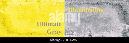 Schöner Betonhintergrund getönte gelbe und graue Farbe, natürliche strukturierte Oberfläche. Text mit dem Namen der neuen Farben von 2021 Jahr Stockfoto