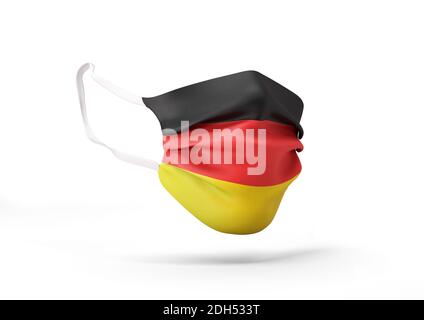 Coronavirus in Deutschland. Grafik der OP-Maske mit deutscher Flagge. Medizinische Gesichtsmaske als Konzept der Coronavirus-Quarantäne. Ausbruch des Coronavirus. Stockfoto