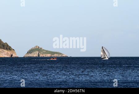 Thatcher Rock, Torbay, Devon: Eine Jacht, die im Sonnenlicht am späten Nachmittag gefangen wurde. Thatcher Rock wird im Hintergrund dieses Fotos angezeigt. Stockfoto