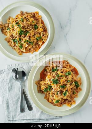 Farfelle und Hackfleisch ein Topf Pasta Gulasch Stockfoto