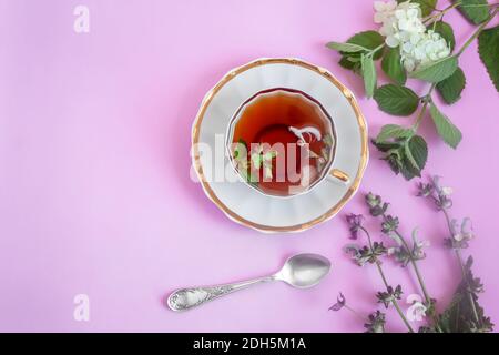 Kräutertee mit Salbei und Minzblättern. Stockfoto