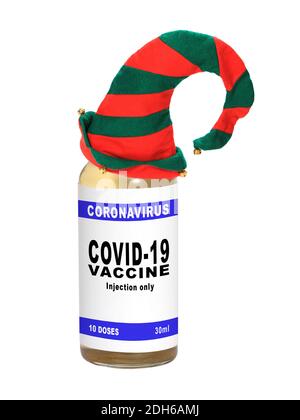 Die Flasche COVID-19 Impfstoff mit einem Weihnachtshut isoliert Auf weißem Hintergrund Stockfoto
