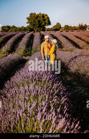 Ardeche Lavendelfelder in Südfrankreich bei Sonnenuntergang, Lavendelfelder in Ardeche in Südostfrankreich, Paar Männer und Wom Stockfoto