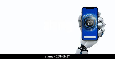 Industrie 4.0 - Humanoid Robot Hand Click Smartphone Stockfoto