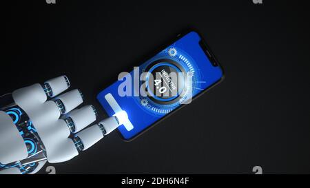 Industrie 4.0 - Humanoid Robot Hand Click Smartphone Stockfoto