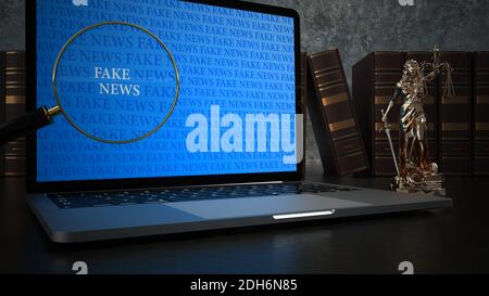 Fake News Notizbuch Lupe Lady Justice Statue Stockfoto