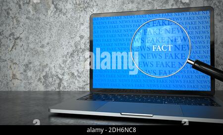 Fake News Loupe Facts Notizbuch Stockfoto