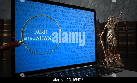 Fake News Notizbuch Lupe Lady Justice Statue Stockfoto