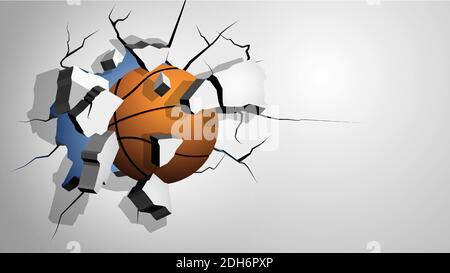 Orange Basketball-Ball durch die Wand gestanzt und bricht in Scherben, Risse an der Wand. Fügt schweren Schaden zu. Vektor Stock Vektor