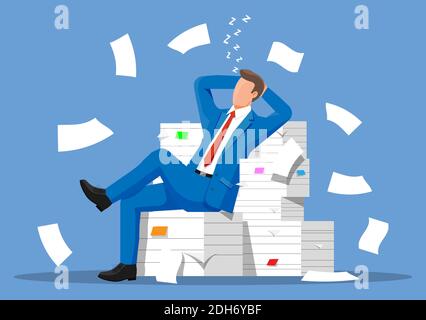 Geschäftsmann Charakter schlafen in Haufen von Papieren. Müde Geschäftsmann oder Büroangestellte schlafen am Arbeitsplatz. Stress bei der Arbeit. Bürokratie, Papierkram, Frist. Vektorgrafik im flachen Stil Stock Vektor