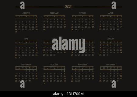 2021 Kalender Vorlage schwarz und Gold Farben. Woche beginnt am sonntag. Wand Jahreskalender in reichen Luxus-Stil. Horizontales Querformat. Stock Vektor