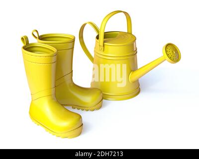 Gelbe Stiefel und Gießkanne 3D Stockfoto