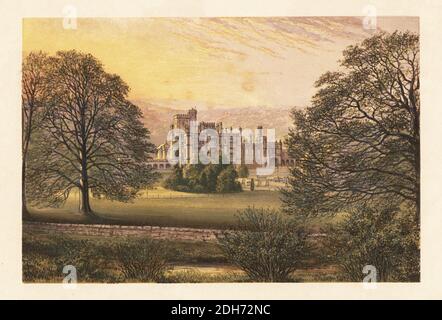 Ilam Hall, Staffordshire, England. Der Besitzer Jesse Watts-Russell beauftragte James Trubshaw mit dem Bau einer neuen Halle nach Entwürfen von John Shaw in den 1820er Jahren. Farbholzschnitt von Benjamin Fawcett im Baxter-Prozess einer Illustration von Alexander Francis Lydon aus Reverend Francis Orpen Morris A Series of picturesque views of the Seats of Noblemen and Gentlemen of Great Britain and Ireland, William Mackenzie, London, 1880. Stockfoto