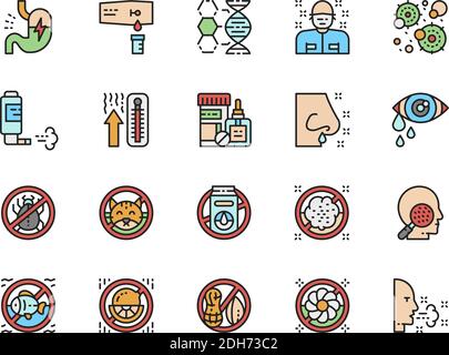 Satz von Symbolen für flache Allergiesymbole. Patient, Thermometer, Mikroben und mehr Stock Vektor