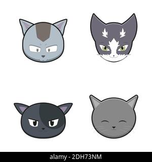 Niedliche Katze Kopf Maskottchen Charakter-Set. Design isoliert auf weißem Hintergrund. Stockfoto