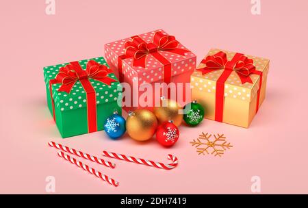 Weihnachtsgeschenke auf rosa Hintergrund. Weihnachtskugeln, Geschenke und weihnachtskaramell. Stockfoto