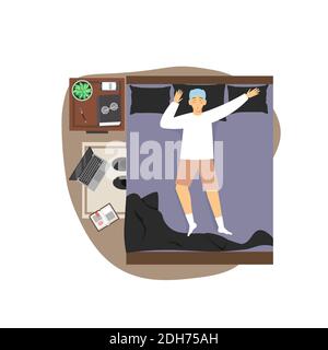 Alltag. Junger Mann, der morgens aufwacht, flache Vektorgrafik. Stock Vektor