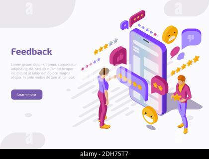 Isometrische Zielseite für Feedback. Die Kunden stehen auf dem riesigen Smartphone-Bildschirm und schreiben Bewertungen und setzen Sterne in die mobile App. Kunden bewerten Service oder Produkt. 3d-Vektordarstellung, Webbanner. Stock Vektor