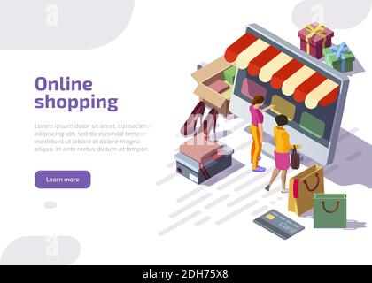 Online-Shopping isometrische Landing Page, Kunden kaufen im digitalen Shop. Frauen wählen Waren an riesigen Computer mit Internet-Markt-Plattform. Käufer verwenden Shop-App auf dem Computer. 3d-Vektor-Webbanner. Stock Vektor