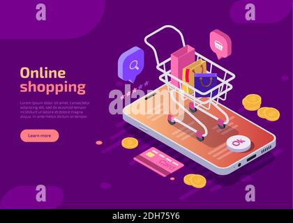Online-Shopping, isometrische Konzept Vektor-Illustration. Smartphone-Bildschirm mit Kauftaste, Warenkorb mit Taschen oder Einkäufe, Kreditkarte, Münzen auf violettem Hintergrund. Landing Web-Seite für mobile App. Stock Vektor